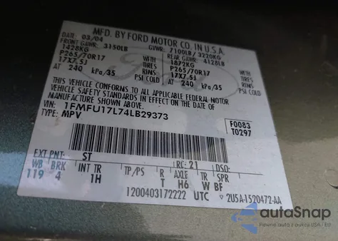 2004 Ford Expedition Eddie Bauer z USA, uszkodzony, nr VIN 1FMFU17L74LB29373